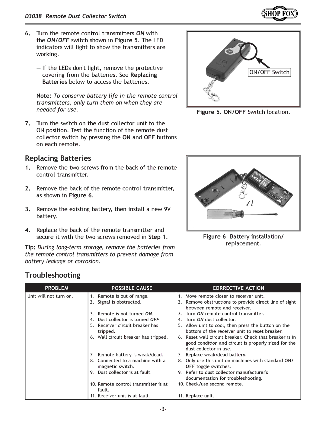 Woodstock D3038 specifications Replacing Batteries, Troubleshooting 