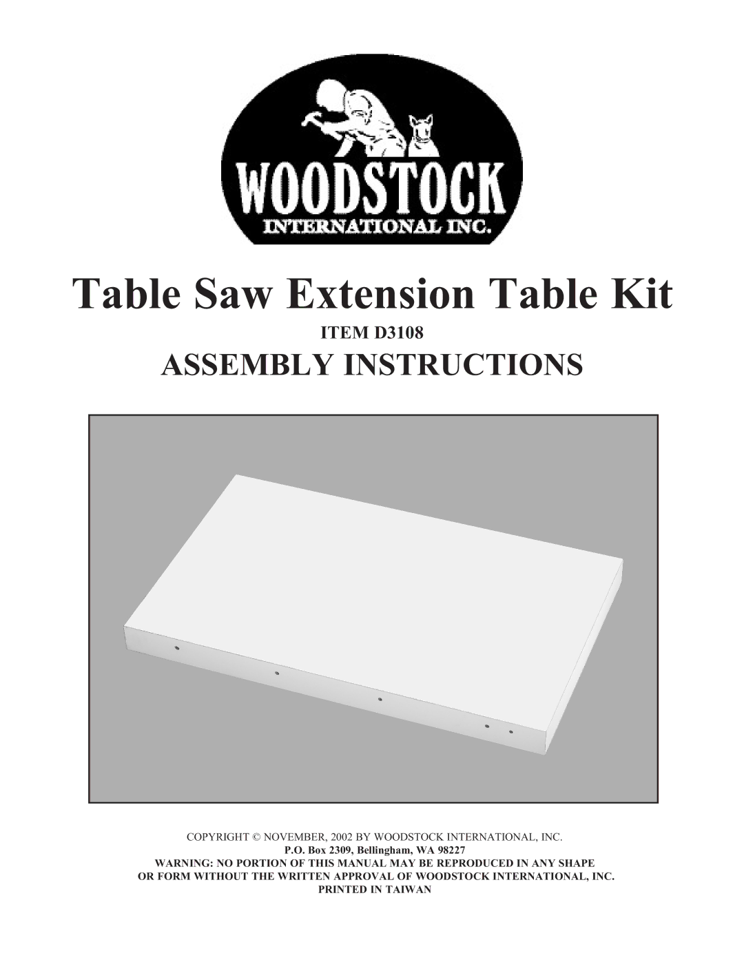 Woodstock D3108 manual Table Saw Extension Table Kit 