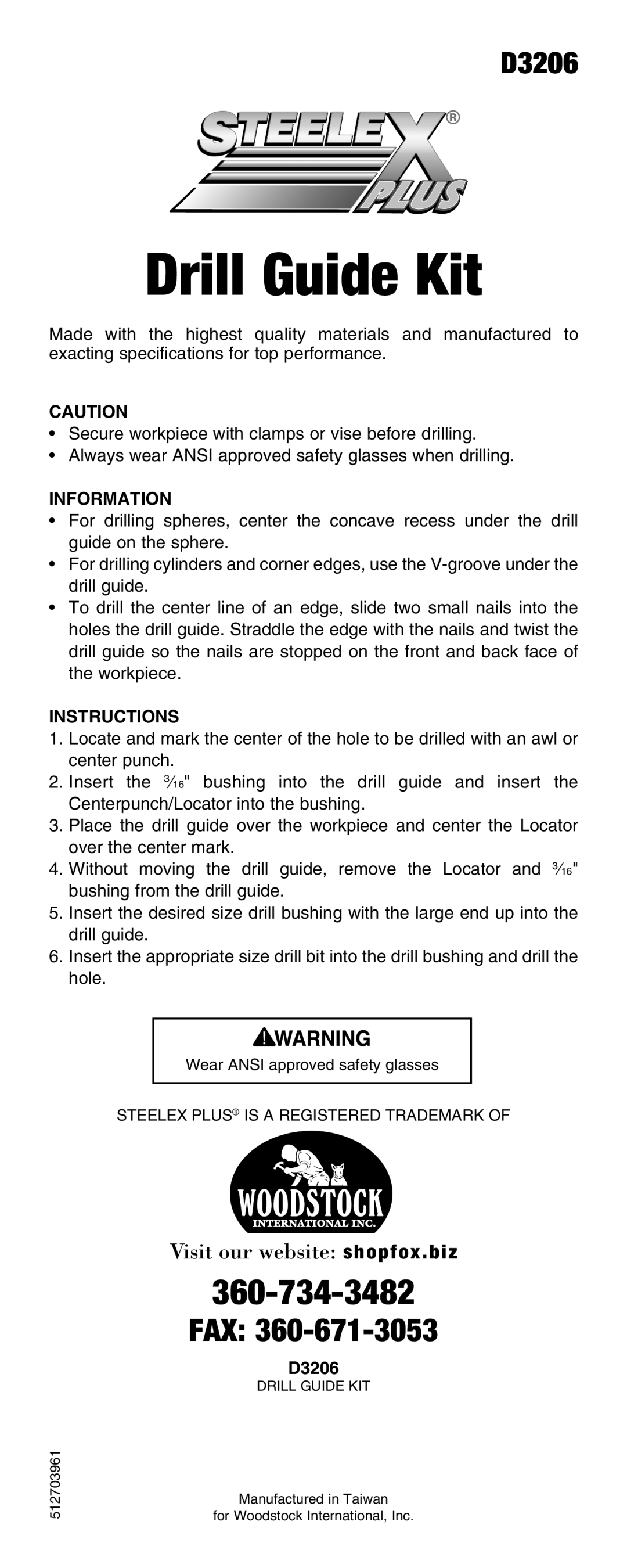 Woodstock D3206 manual Drill Guide Kit, Information, Instructions 