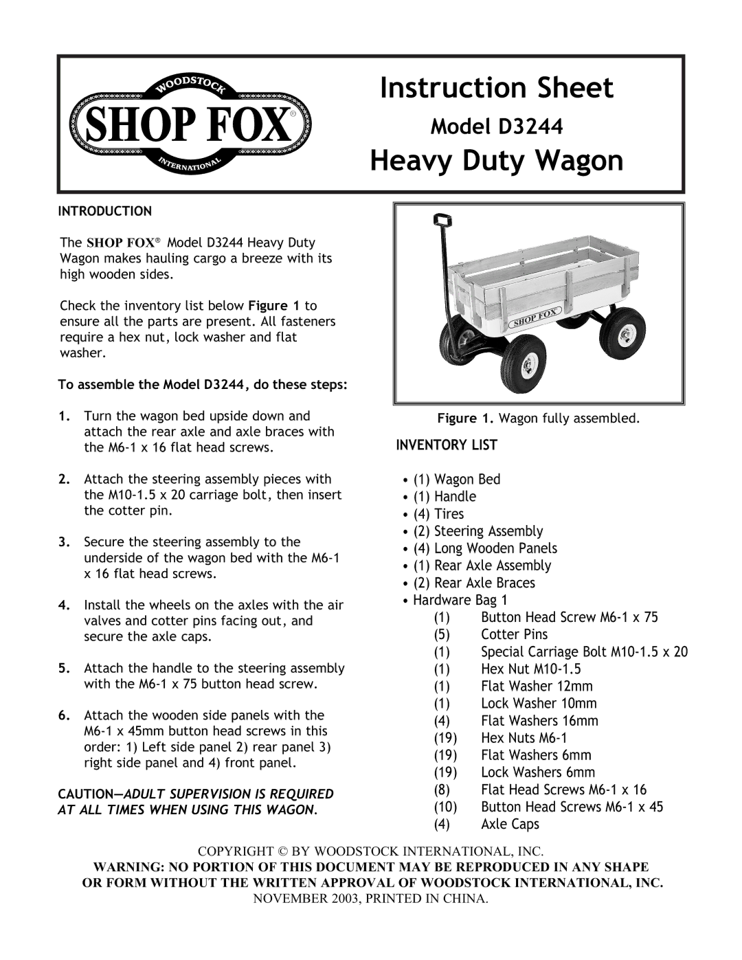 Woodstock D3244 instruction sheet Instruction Sheet, Heavy Duty Wagon, Inventory List, Introduction 