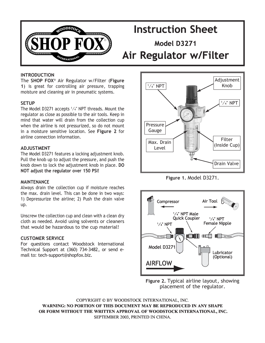 Woodstock instruction sheet Instruction Sheet, Air Regulator w/Filter, Model D3271, Airflow, placement of the regulator 