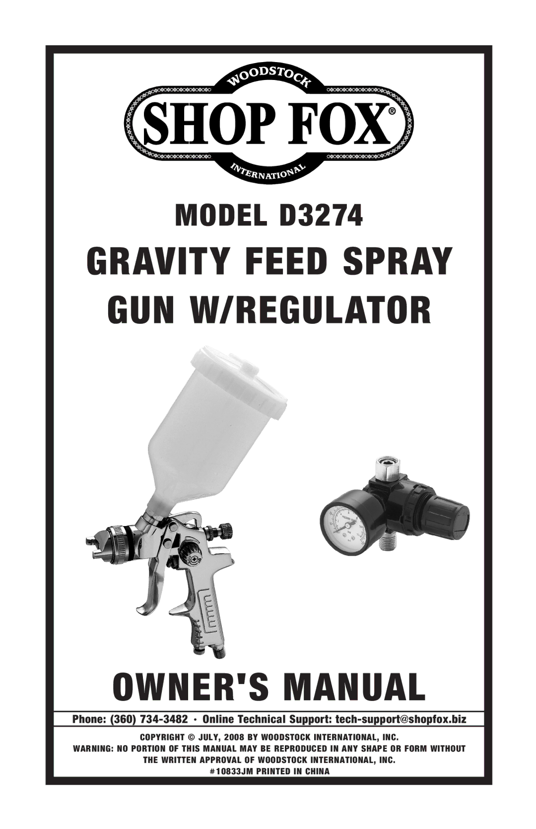 Woodstock D3274 owner manual Gravity Feed Spray GUN W/REGULATOR OWNERS MANUAL 