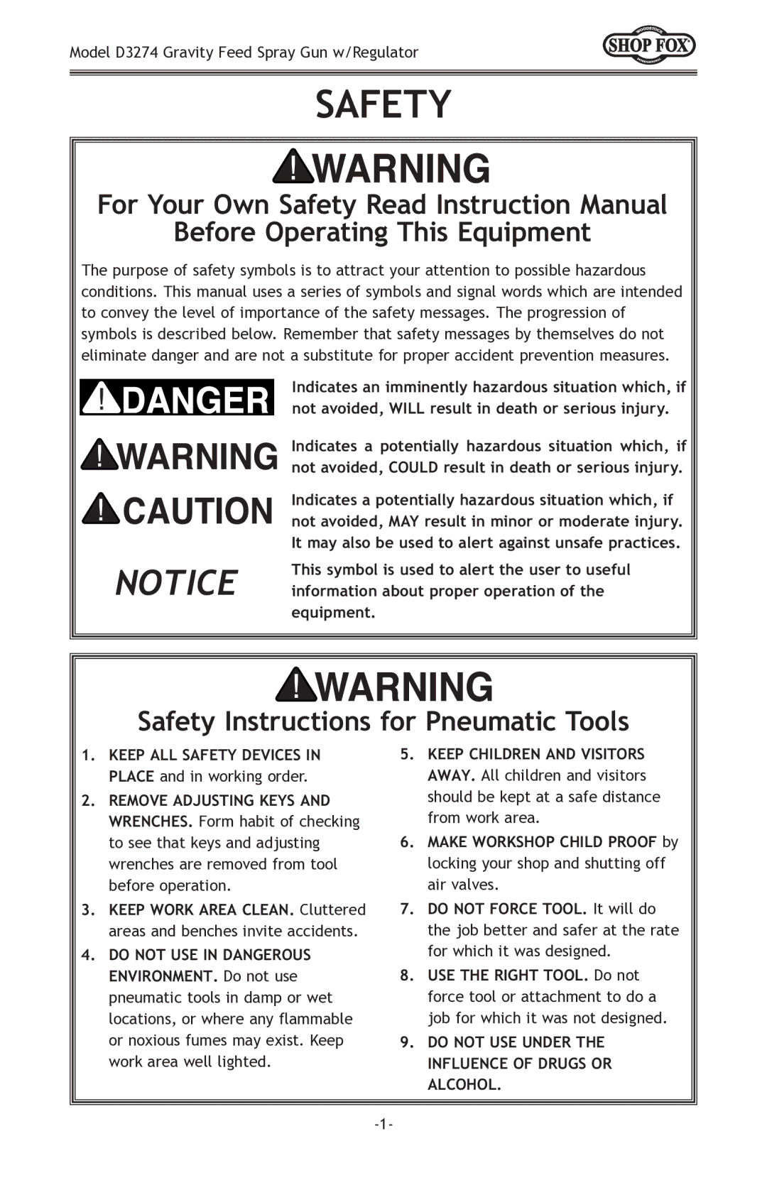 Woodstock D3274 owner manual Before Operating This Equipment, Safety Instructions for Pneumatic Tools 