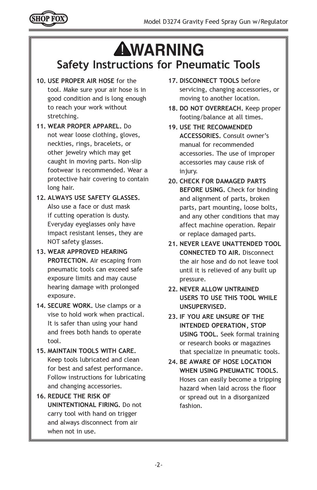 Woodstock D3274 owner manual Always USE Safety Glasses 