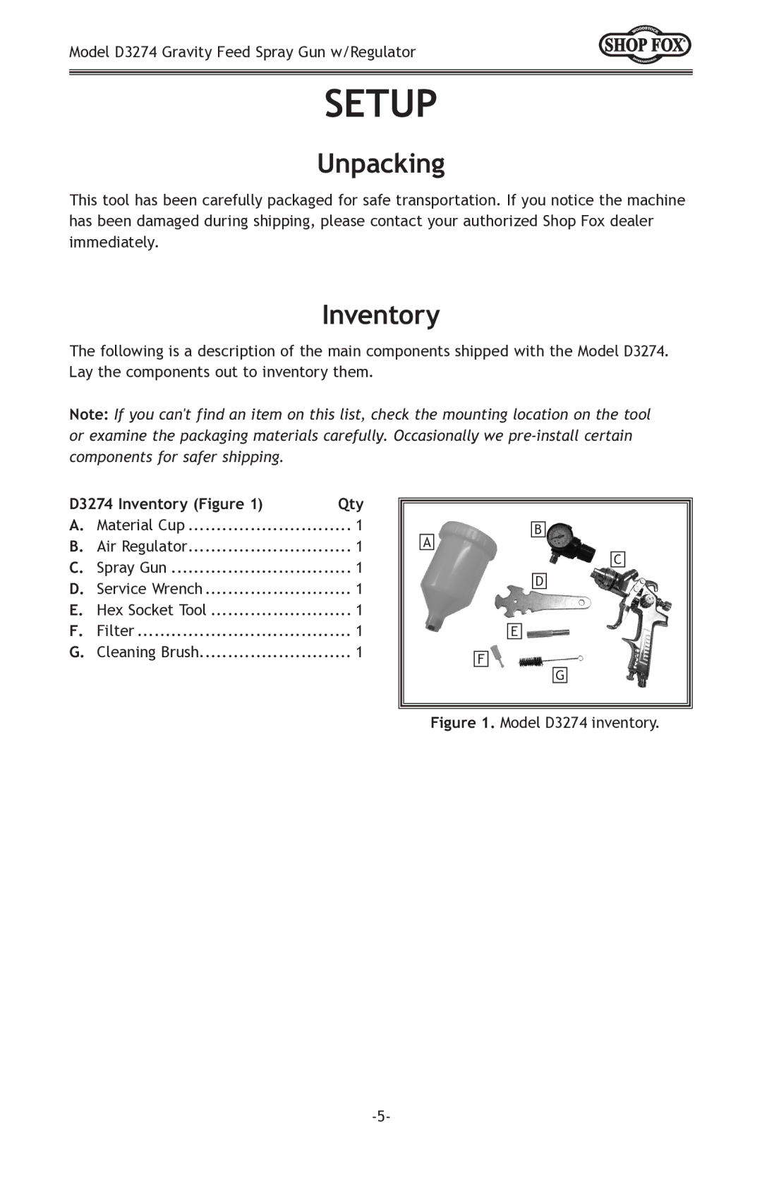 Woodstock D3274 owner manual Setup, Unpacking, Inventory 