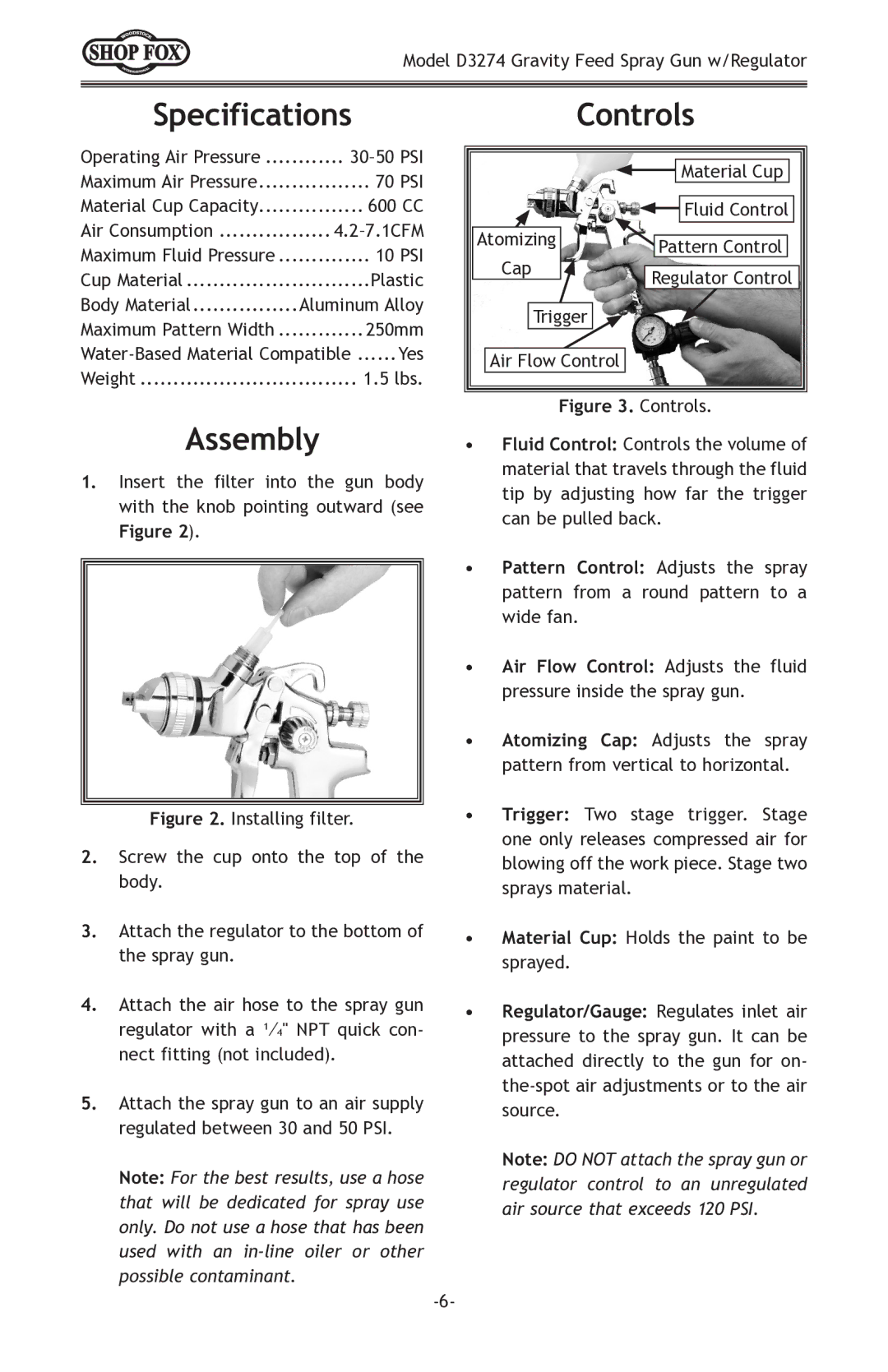 Woodstock D3274 owner manual Specifications, Assembly, Controls 