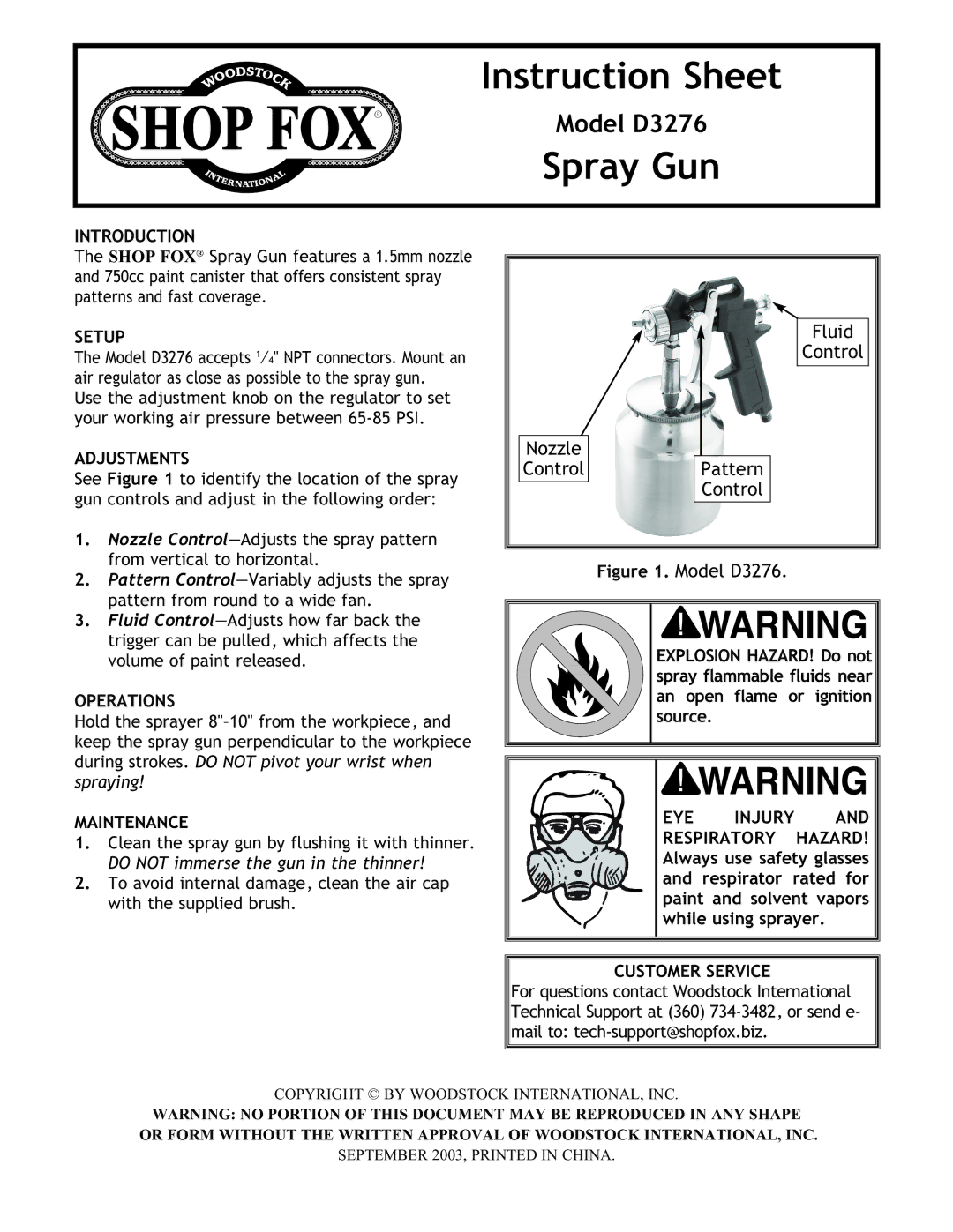 Woodstock D3276 instruction sheet Instruction Sheet, Spray Gun, Fluid, Nozzle Control Pattern 