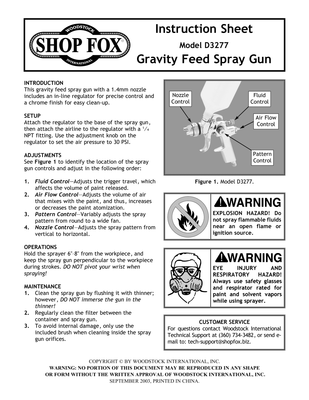 Woodstock D3277 instruction sheet Instruction Sheet, Gravity Feed Spray Gun 