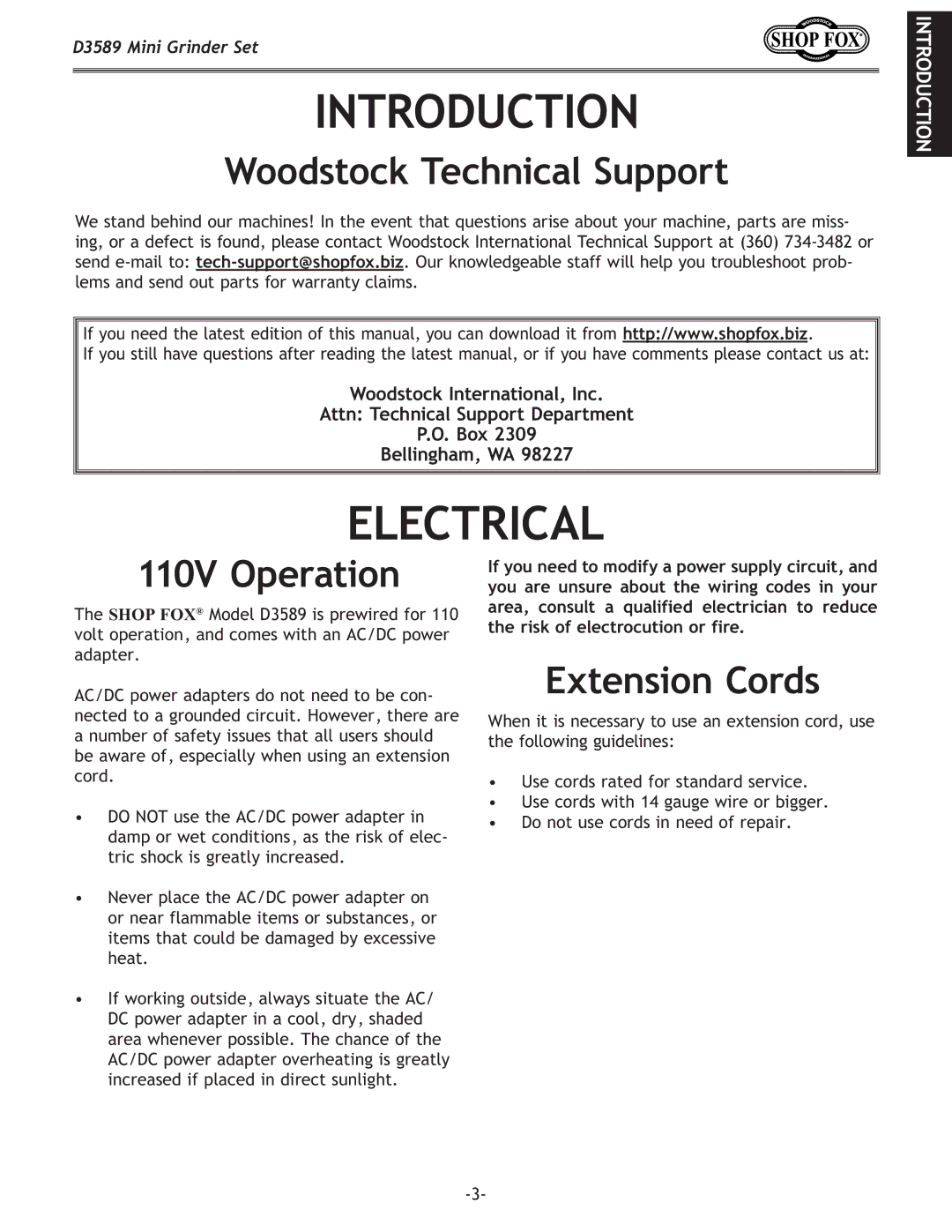 Woodstock D3589 owner manual Introduction, Electrical, Woodstock Technical Support, 110V Operation, Extension Cords 