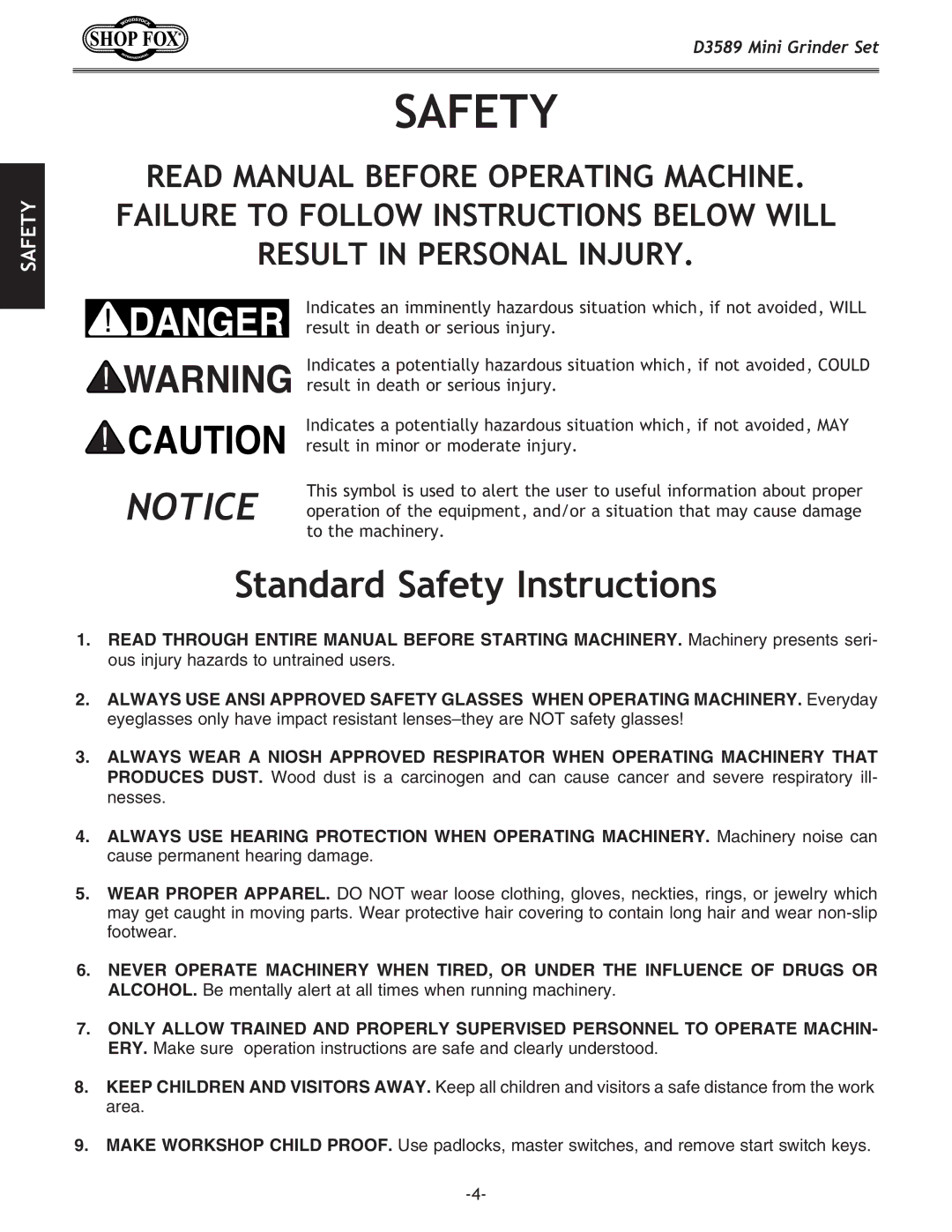 Woodstock D3589 owner manual Standard Safety Instructions 