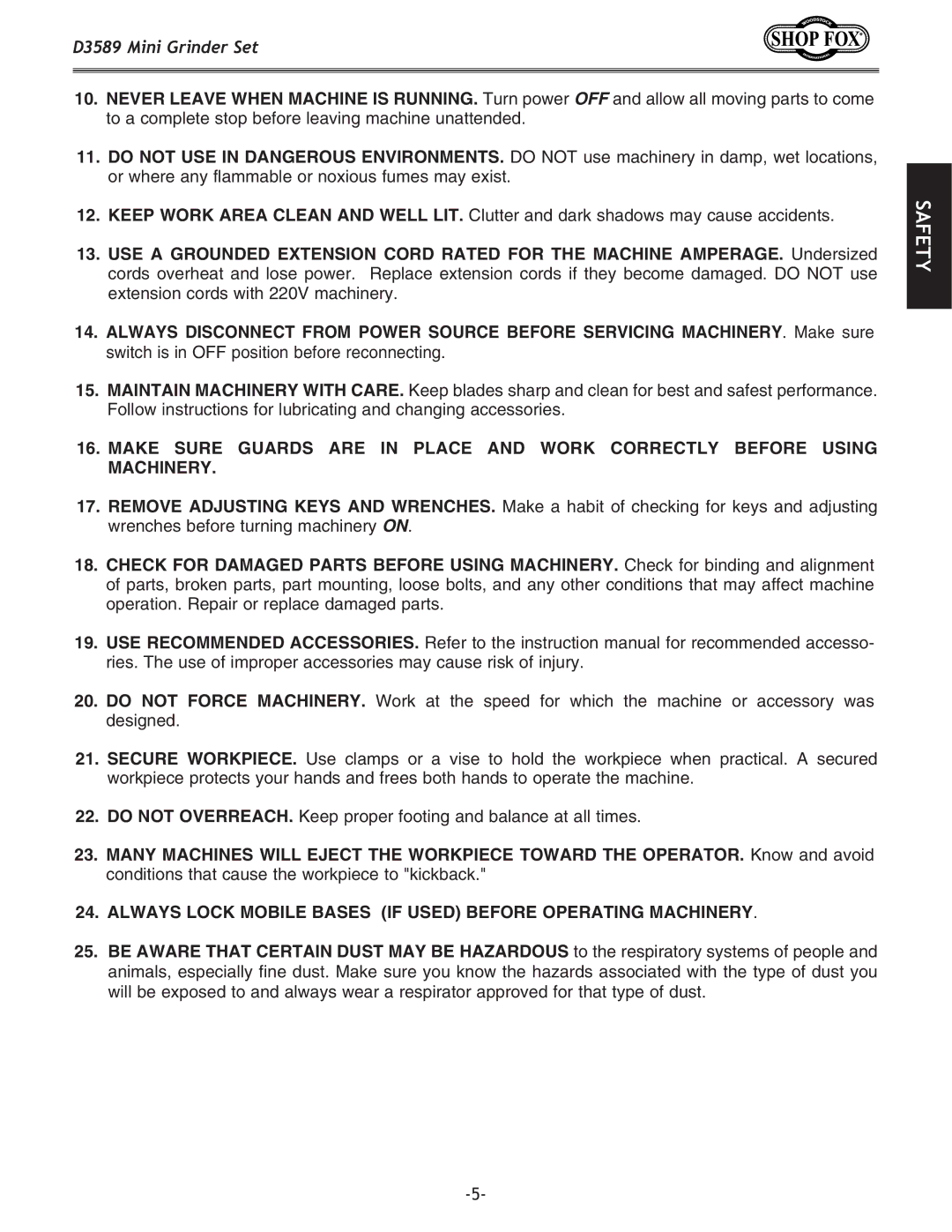 Woodstock D3589 owner manual Always Lock Mobile Bases if Used Before Operating Machinery 