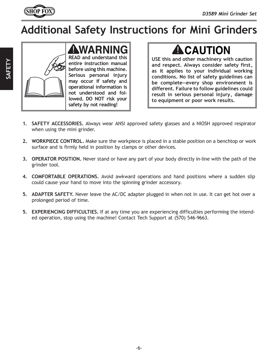 Woodstock D3589 owner manual Additional Safety Instructions for Mini Grinders 