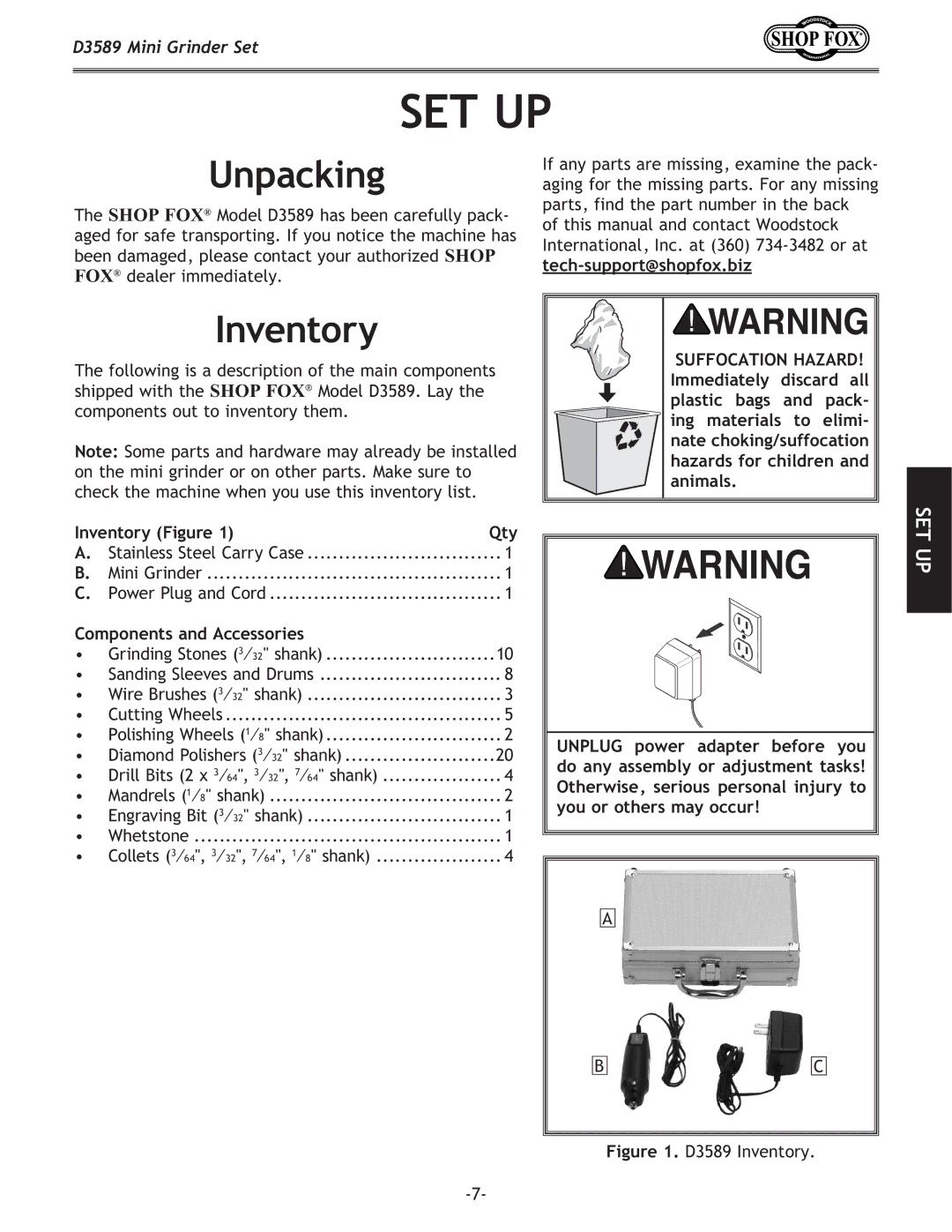 Woodstock D3589 owner manual Set Up, Unpacking, Inventory Figure Qty, Components and Accessories 