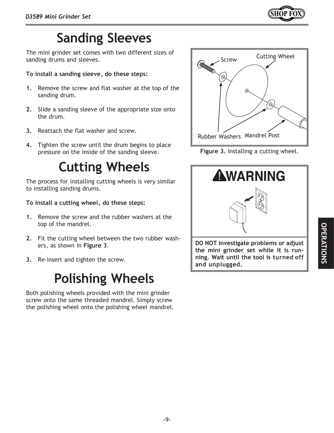 Woodstock D3589 owner manual Sanding Sleeves, Cutting Wheels, Polishing Wheels, To install a sanding sleeve, do these steps 