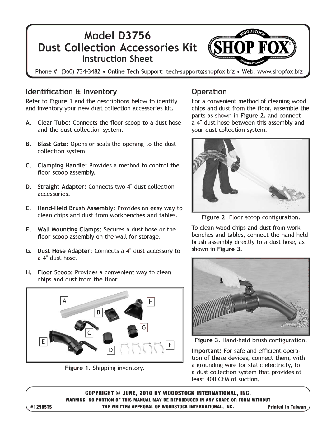 Woodstock instruction sheet Model D3756 Dust Collection Accessories Kit, Instruction Sheet, Identification & Inventory 