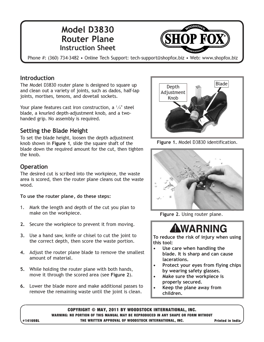 Woodstock instruction sheet Model D3830 Router Plane, Instruction Sheet, Introduction, Setting the Blade Height 