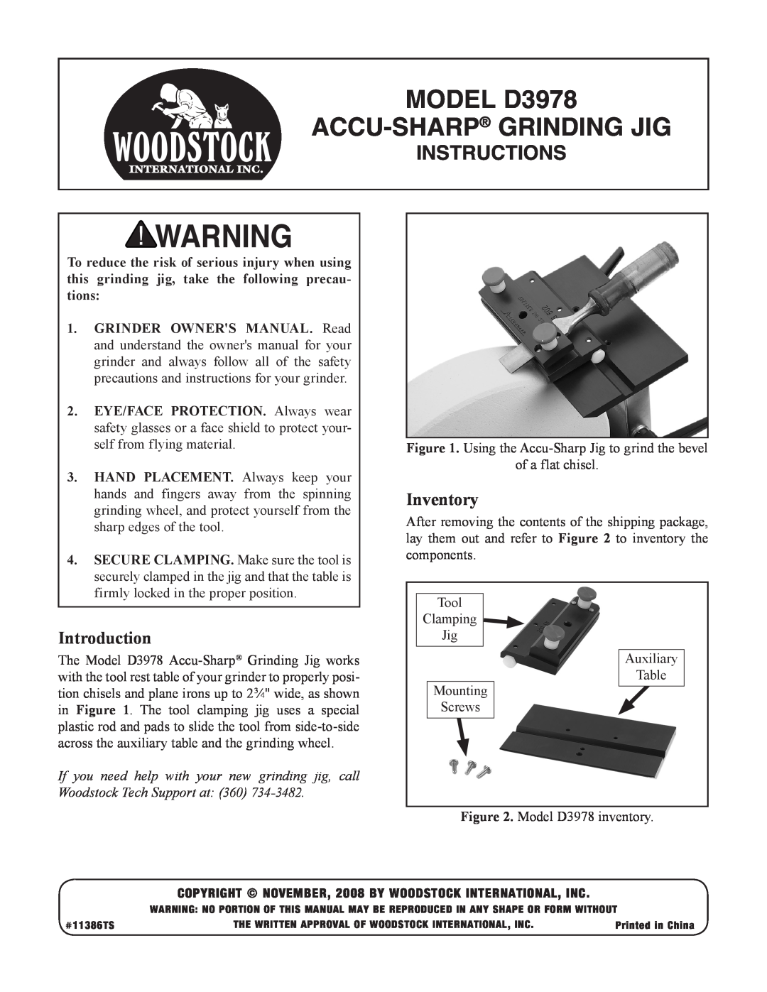 Woodstock owner manual Introduction, Inventory, MODEL D3978 ACCU-SHARP GRINDING JIG, Instructions 