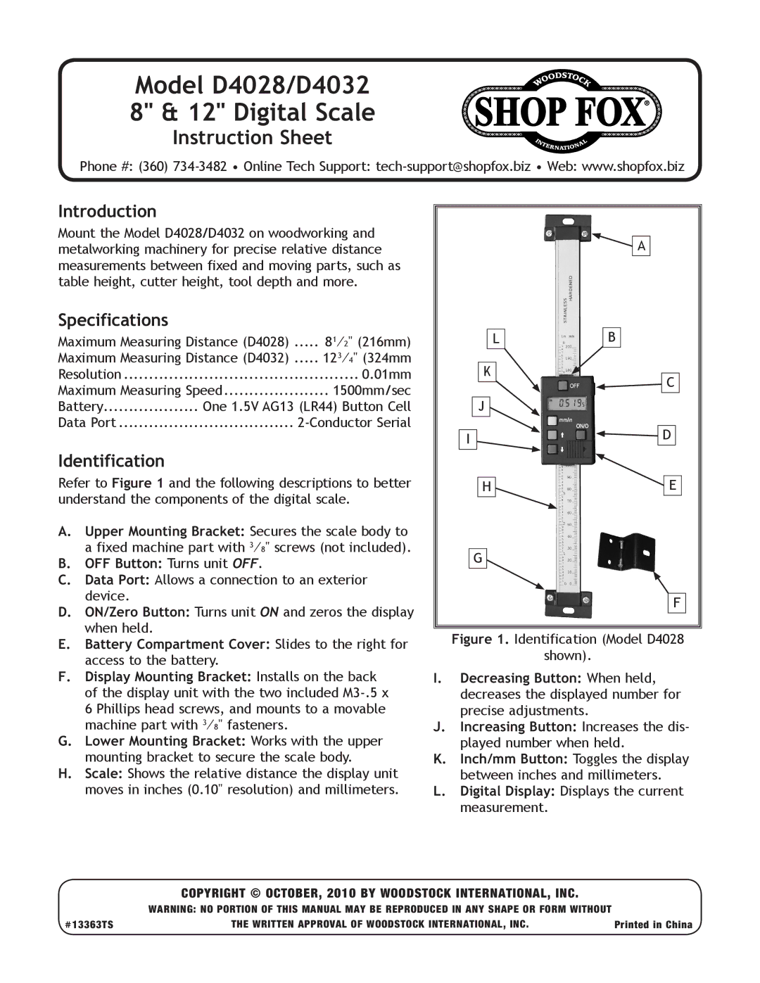 Woodstock D4032, D4028 instruction sheet Introduction, Specifications, Identification 