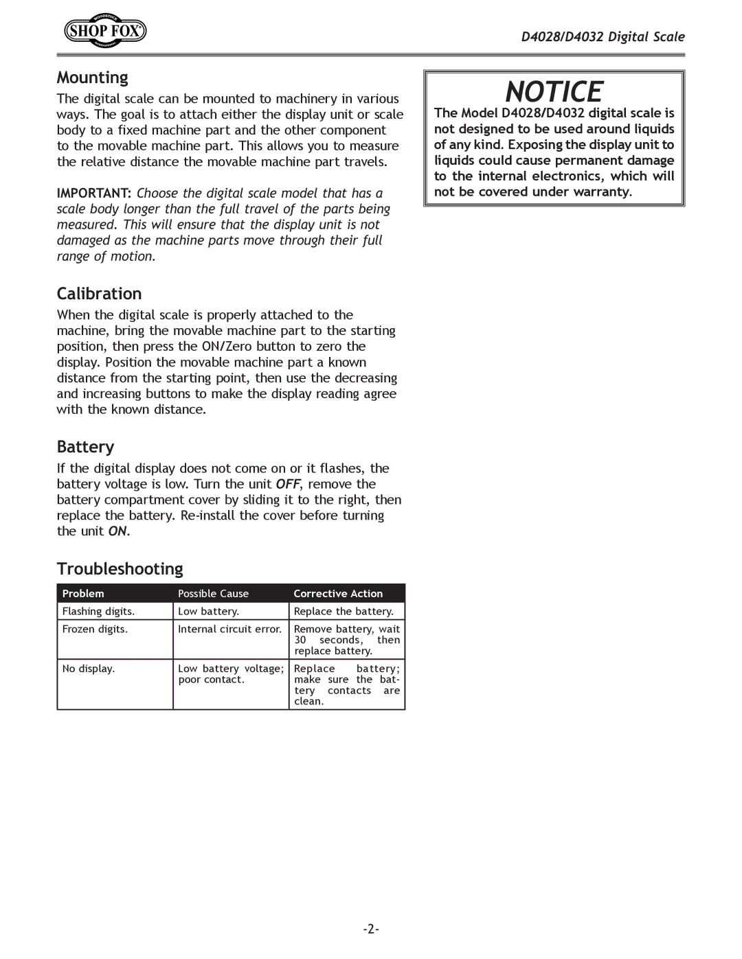 Woodstock D4028, D4032 instruction sheet Mounting, Calibration, Battery, Troubleshooting 