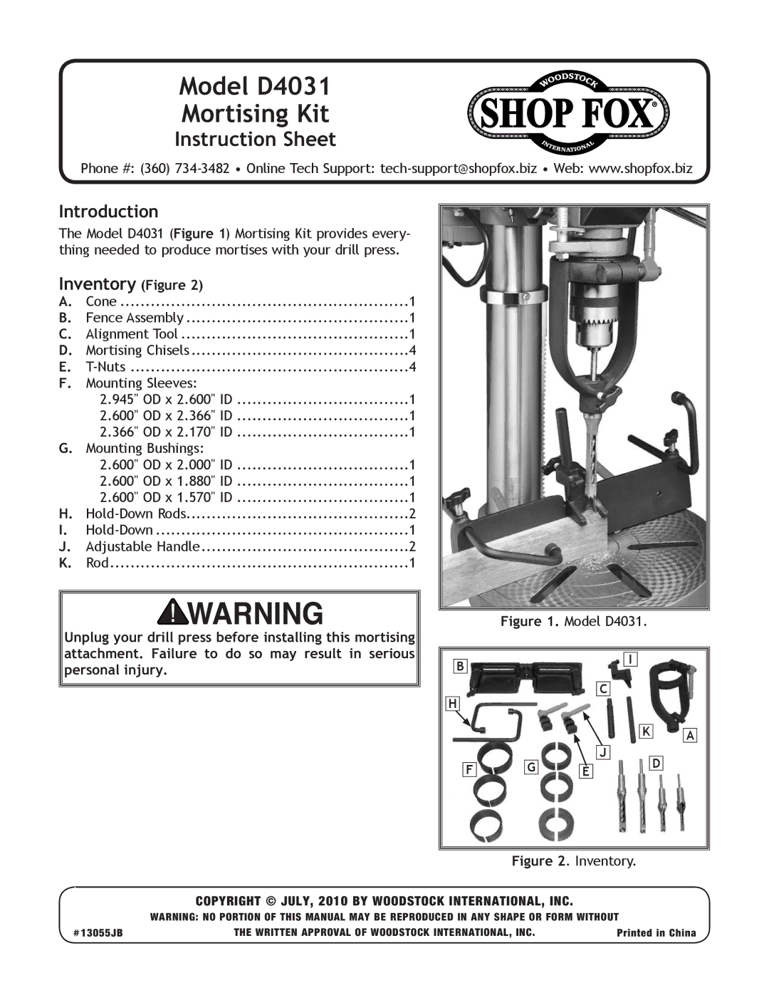 Woodstock D4031 instruction sheet Introduction, Inventory Figure 