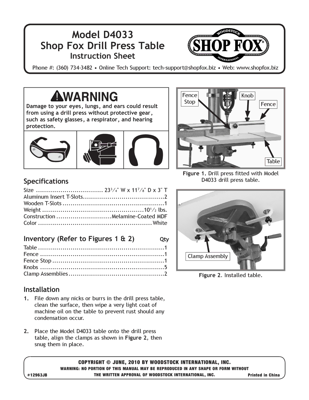 Woodstock instruction sheet Model D4033 Shop Fox Drill Press Table, Instruction Sheet, Specifications, Installation 