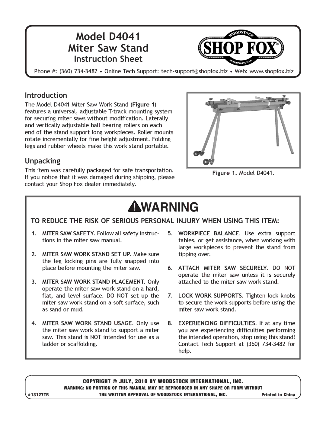 Woodstock D4041 instruction sheet Introduction, Unpacking 