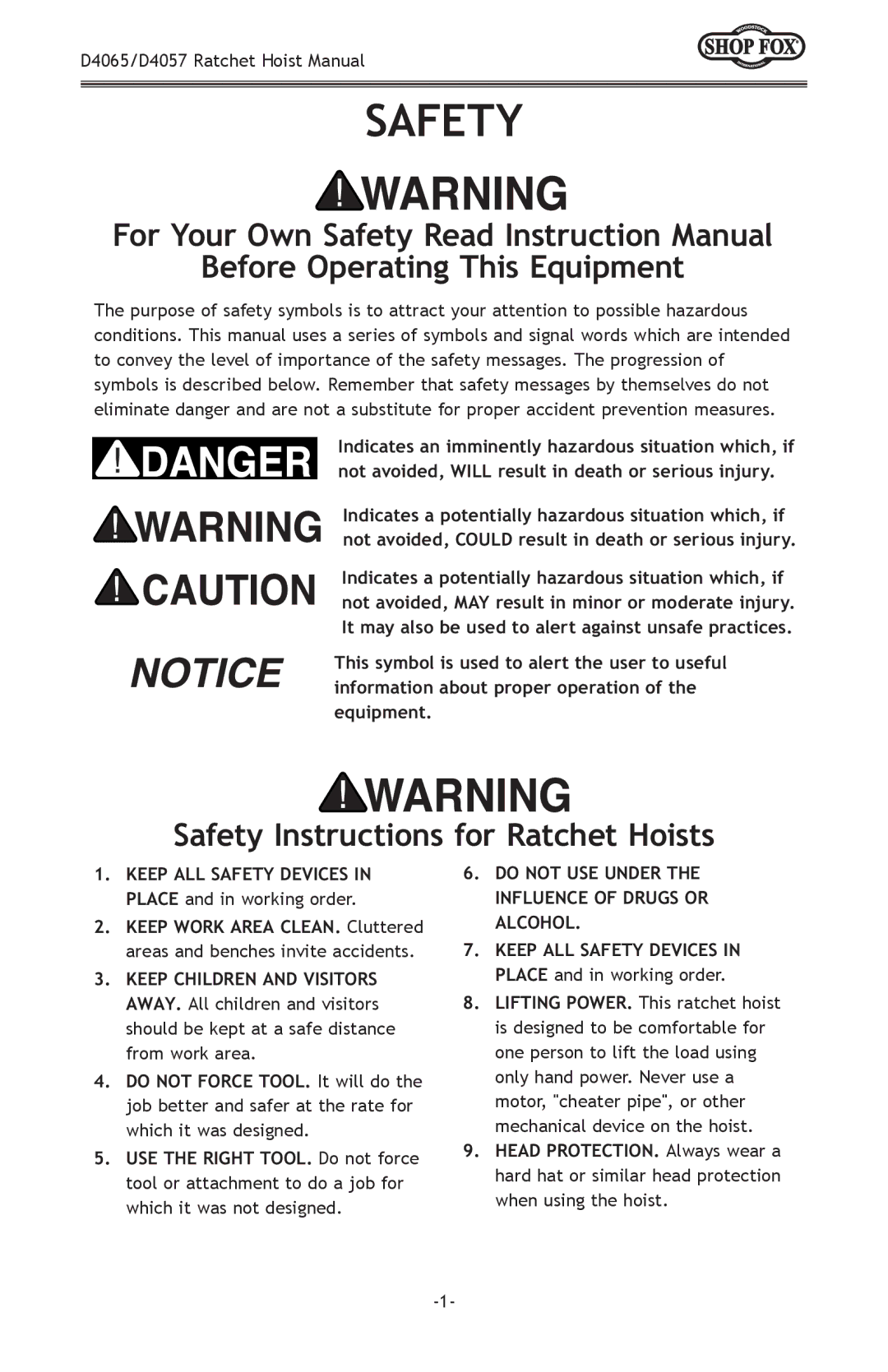 Woodstock D4057, D4065 owner manual Before Operating This Equipment, Safety Instructions for Ratchet Hoists 