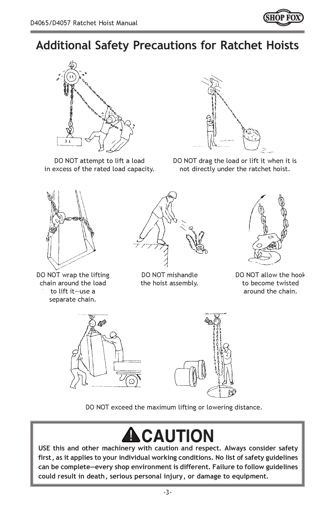 Woodstock D4057 Additional Safety Precautions for Ratchet Hoists, Do not exceed the maximum lifting or lowering distance 