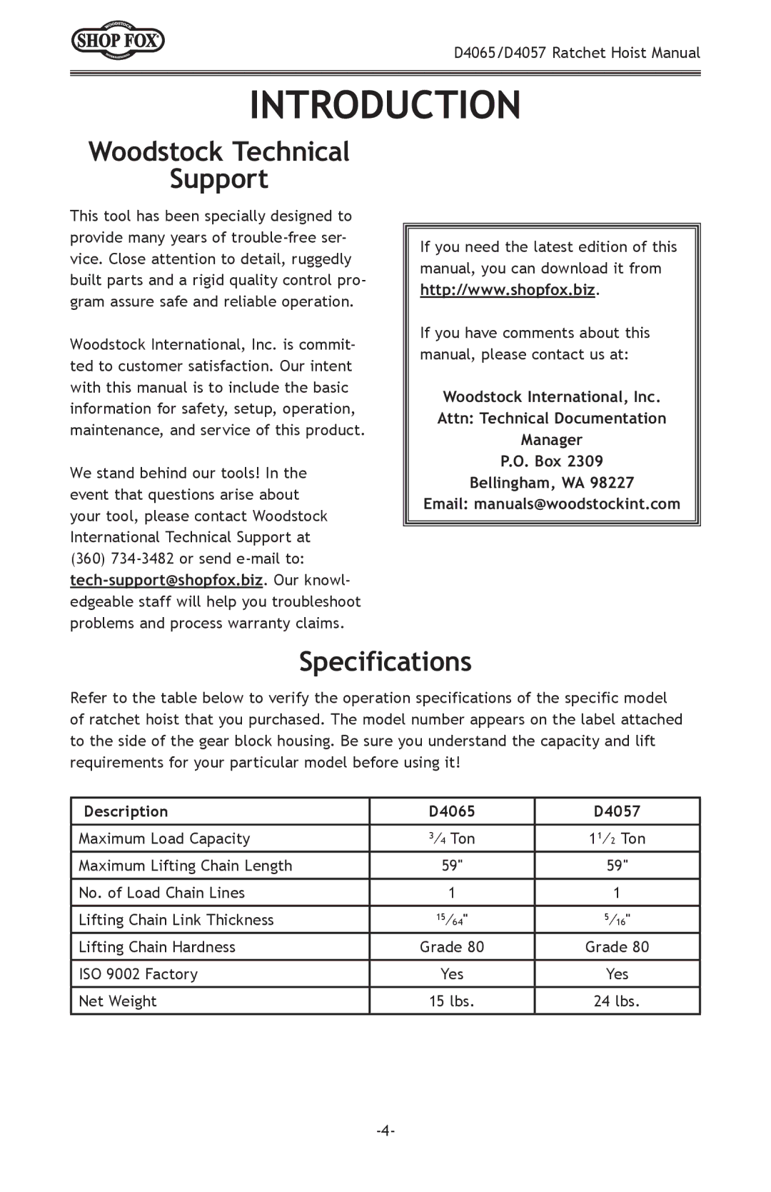 Woodstock D4065, D4057 owner manual Introduction, Woodstock Technical Support, Specifications 