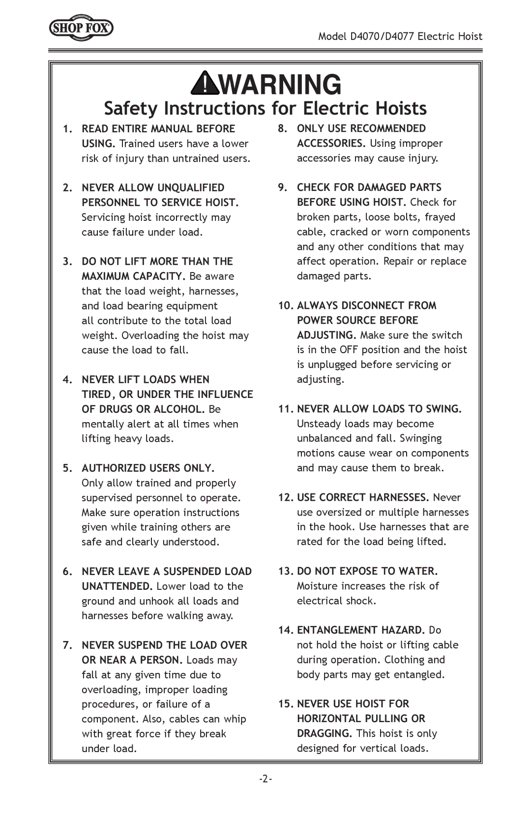 Woodstock D4070, D4077 owner manual Safety Instructions for Electric Hoists, Never Lift Loads When 