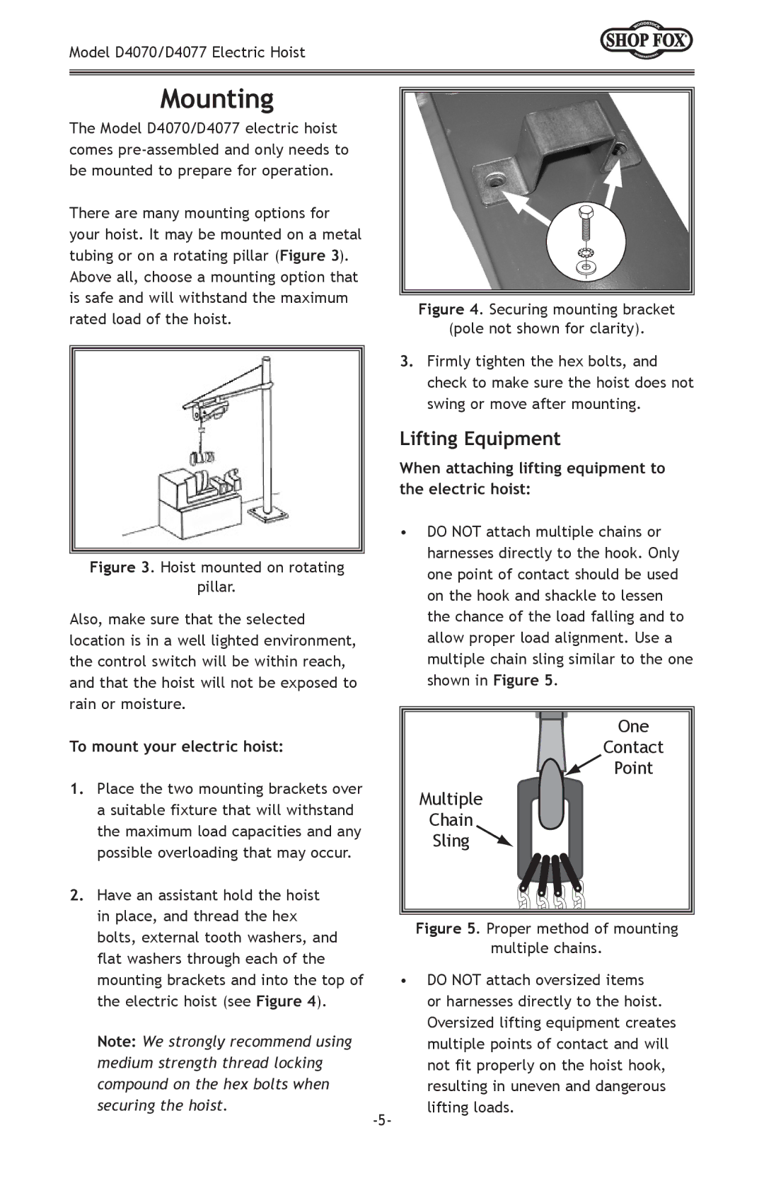 Woodstock D4077, D4070 owner manual Mounting, Lifting Equipment 