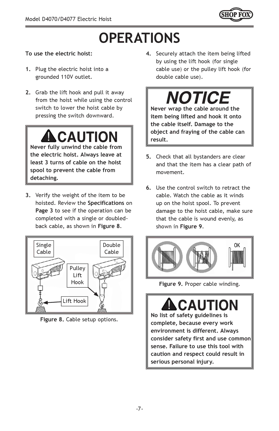 Woodstock D4077, D4070 owner manual Operations, To use the electric hoist 