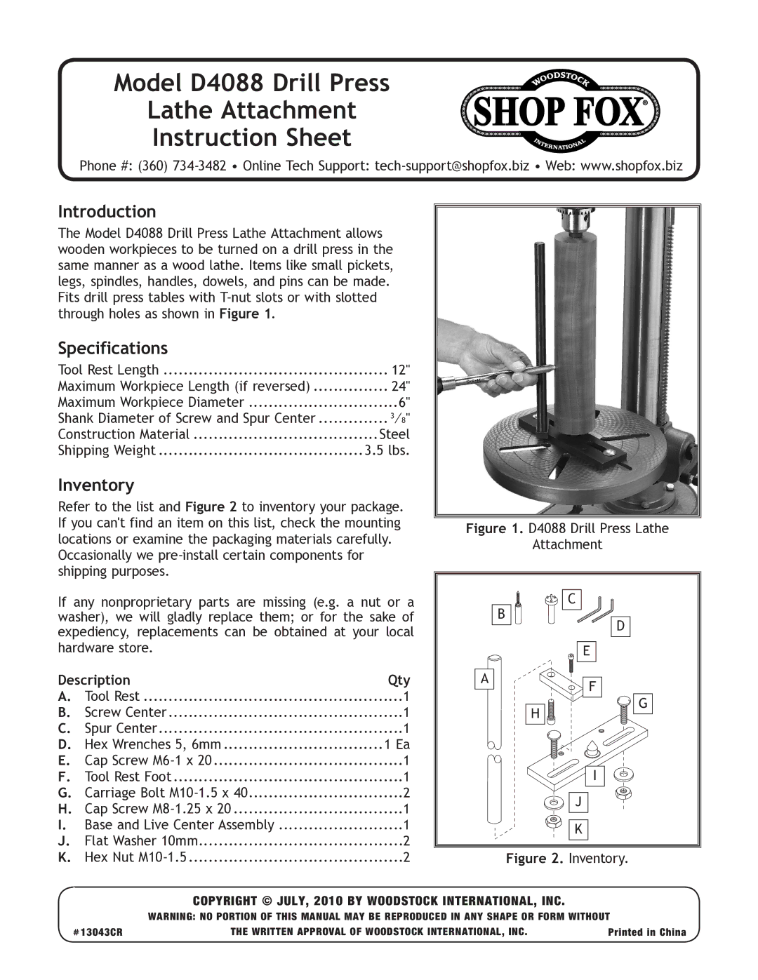 Woodstock D4088 specifications Introduction, Specifications, Inventory 