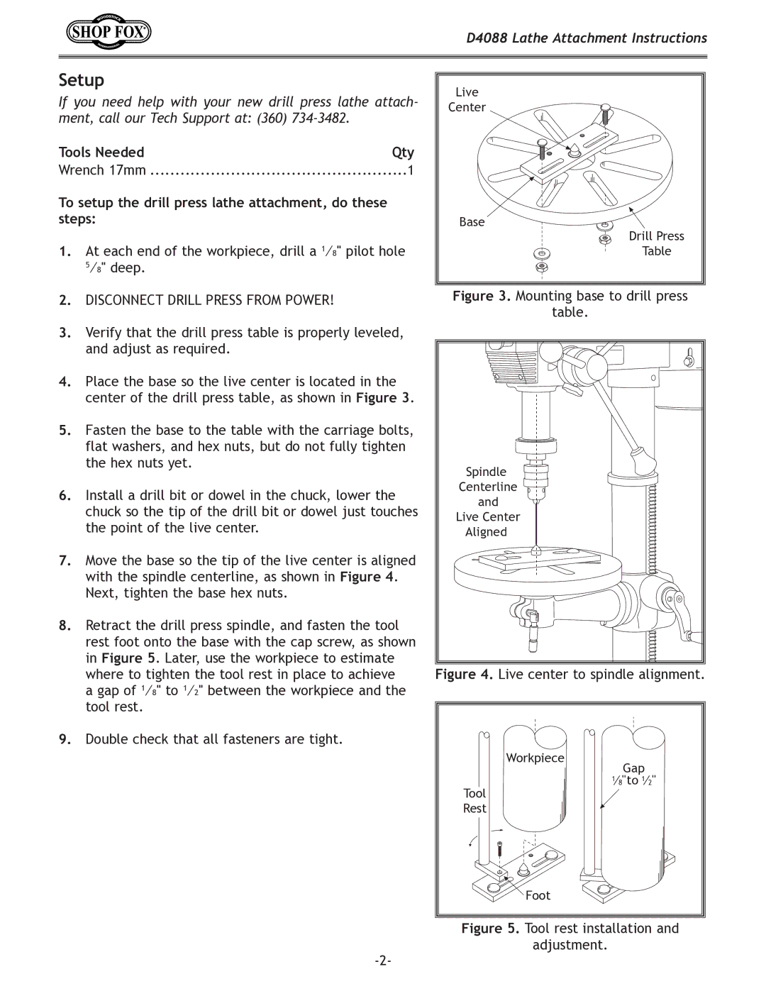 Woodstock D4088 specifications Setup, To setup the drill press lathe attachment, do these steps 