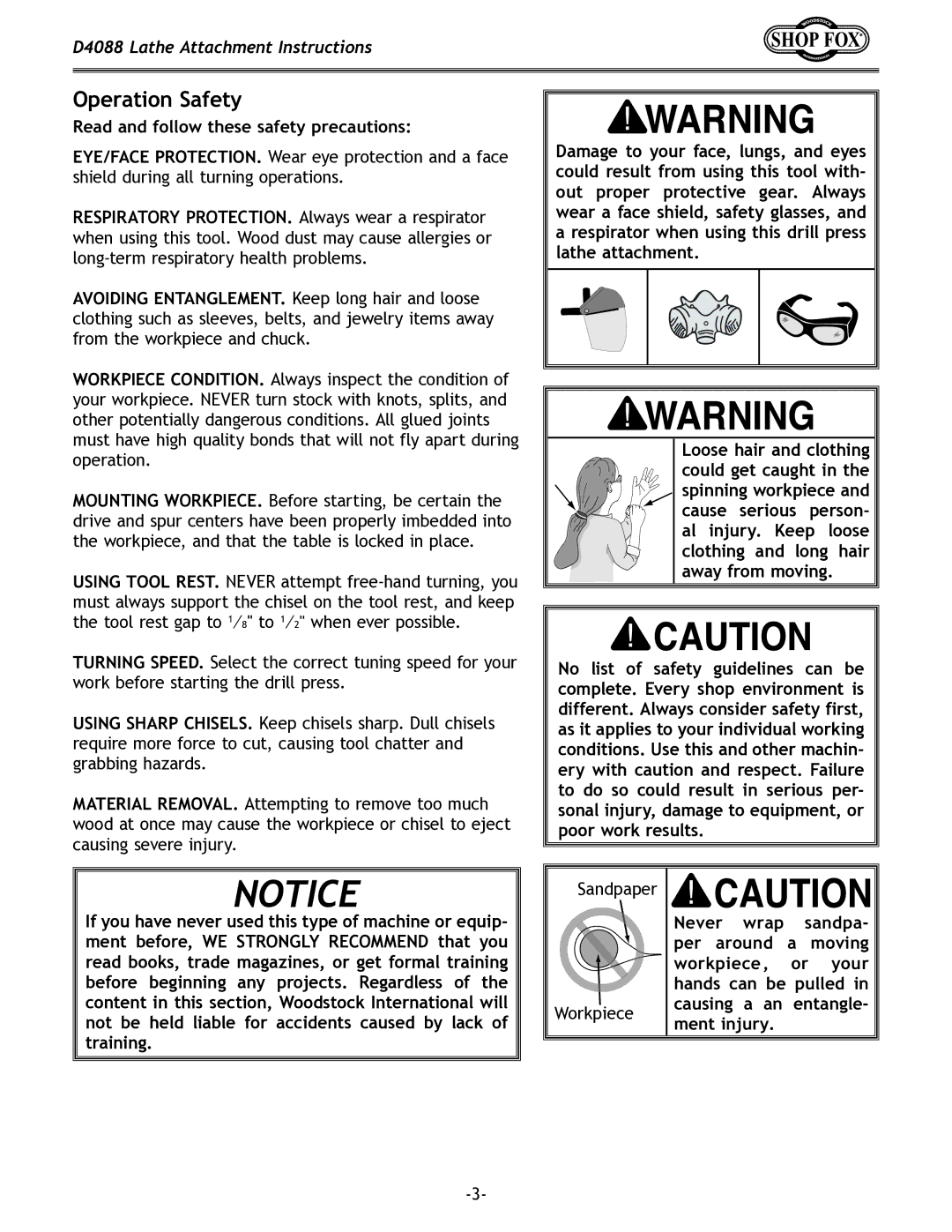 Woodstock D4088 specifications Operation Safety, Read and follow these safety precautions 