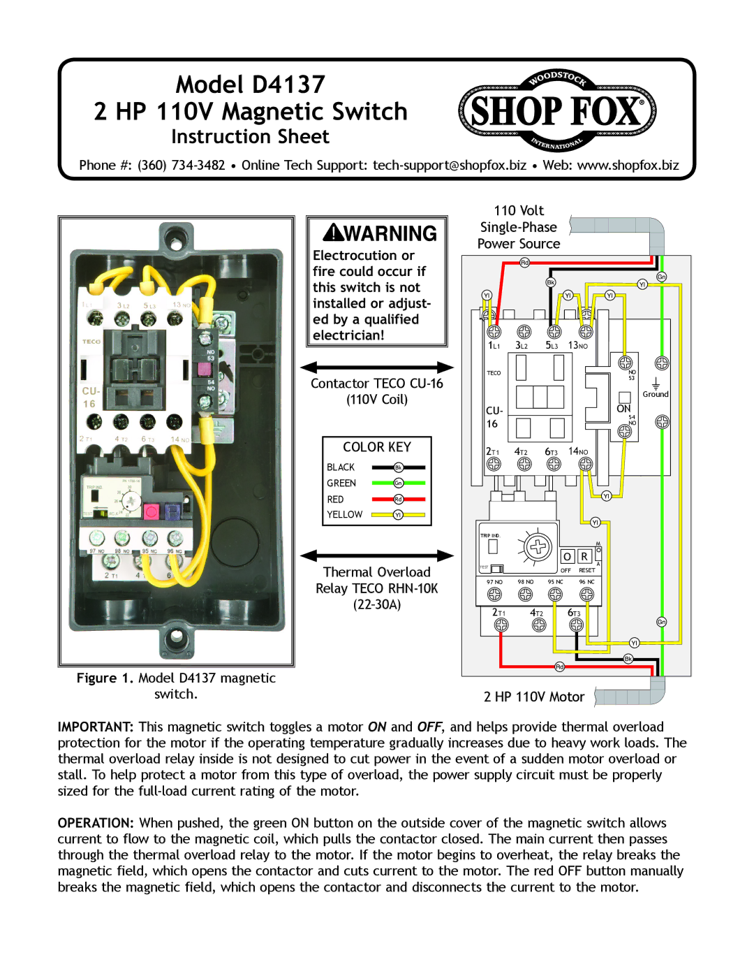 Woodstock instruction sheet Model D4137 HP 110V Magnetic Switch, Instruction Sheet, Color KEY 