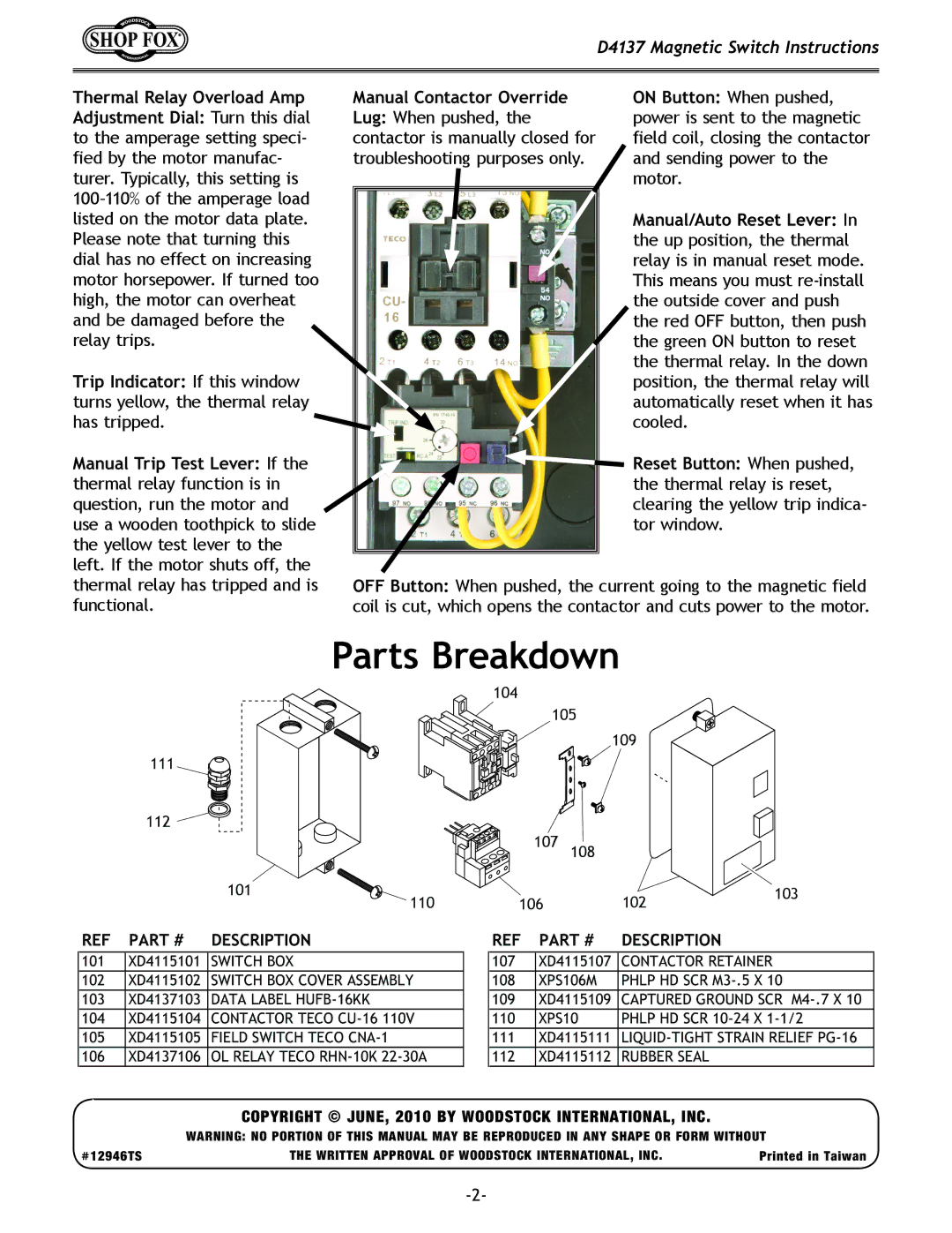 Woodstock D4137 instruction sheet Parts Breakdown 