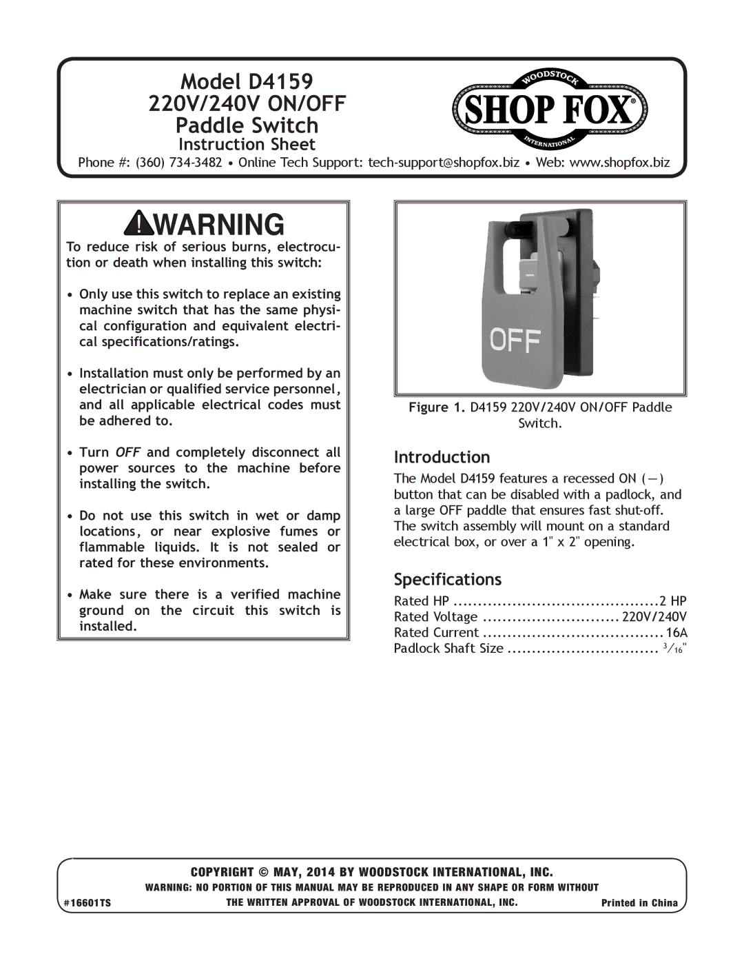 Woodstock instruction sheet Model D4159 220V/240V ON/OFF Paddle Switch, Instruction Sheet, Introduction, Specifications 