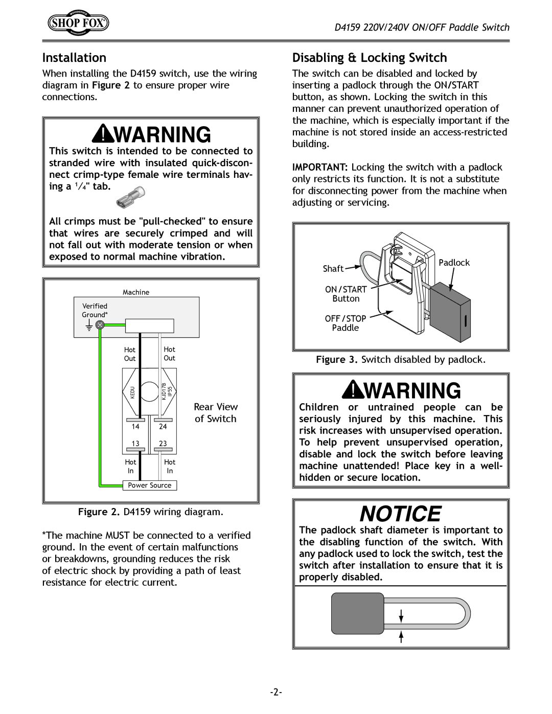 Woodstock D4159 instruction sheet Installation, Disabling & Locking Switch 