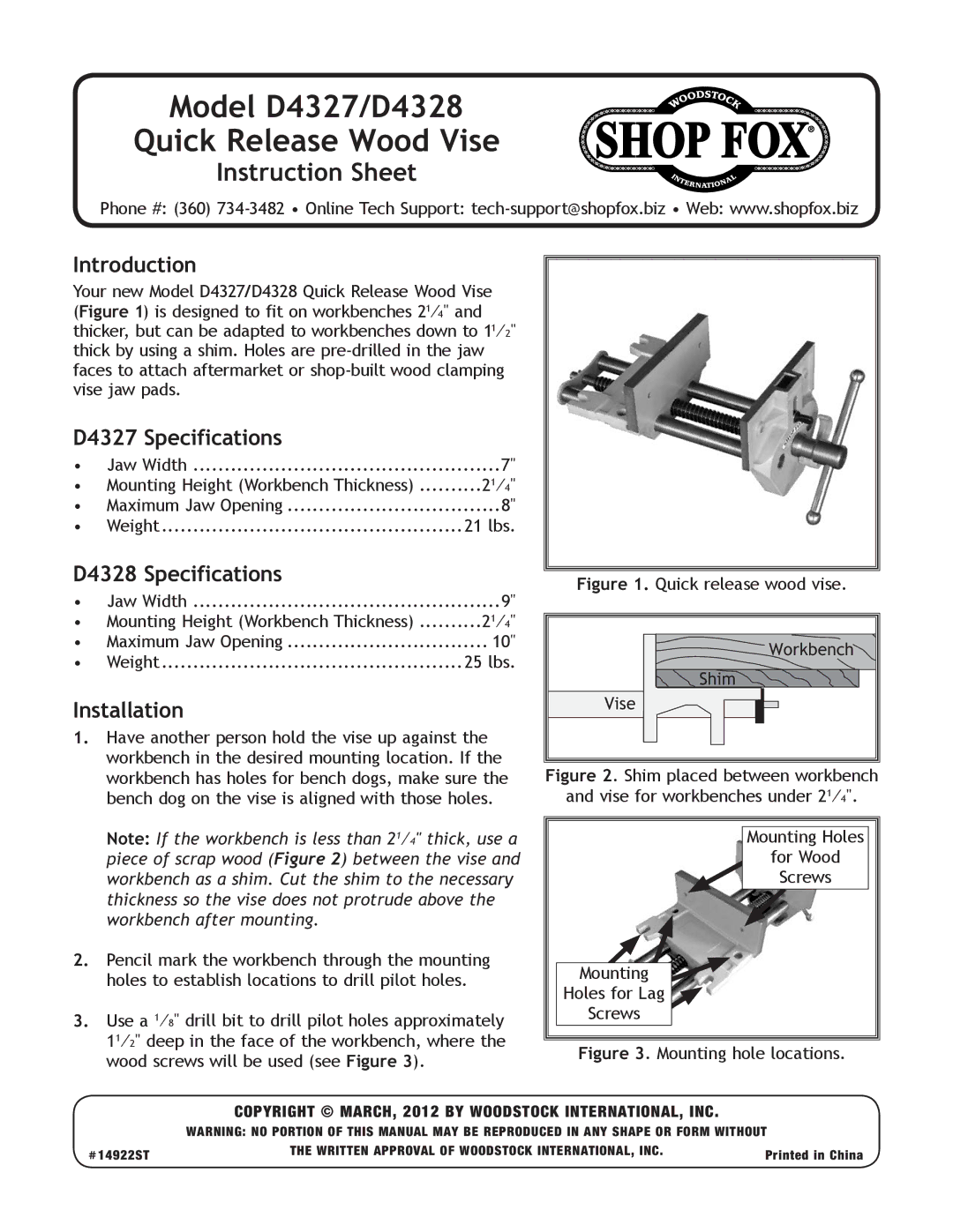 Woodstock d4327/d4328 instruction sheet Introduction, D4327 Specifications, D4328 Specifications, Installation 