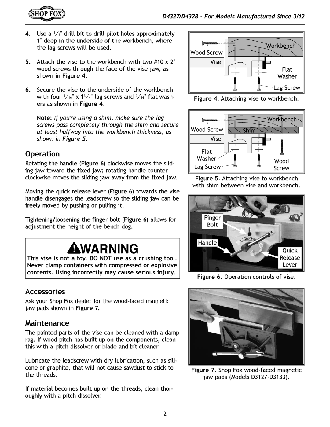 Woodstock d4327/d4328 instruction sheet Operation, Accessories, Maintenance 