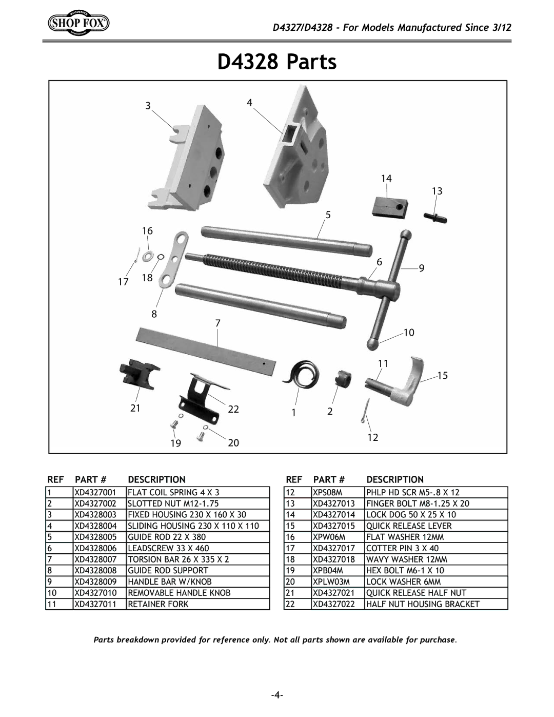 Woodstock d4327/d4328 instruction sheet D4328 Parts, Half NUT Housing Bracket 