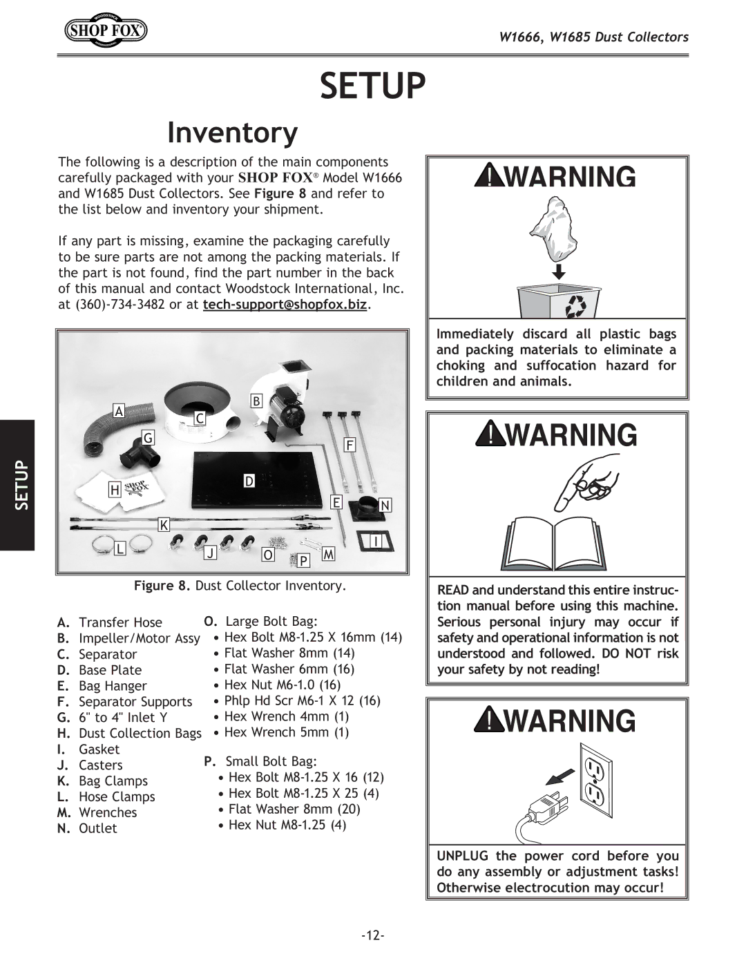 Woodstock DUST COLLECTORS, W1685, W1666 instruction manual Setup, Inventory 