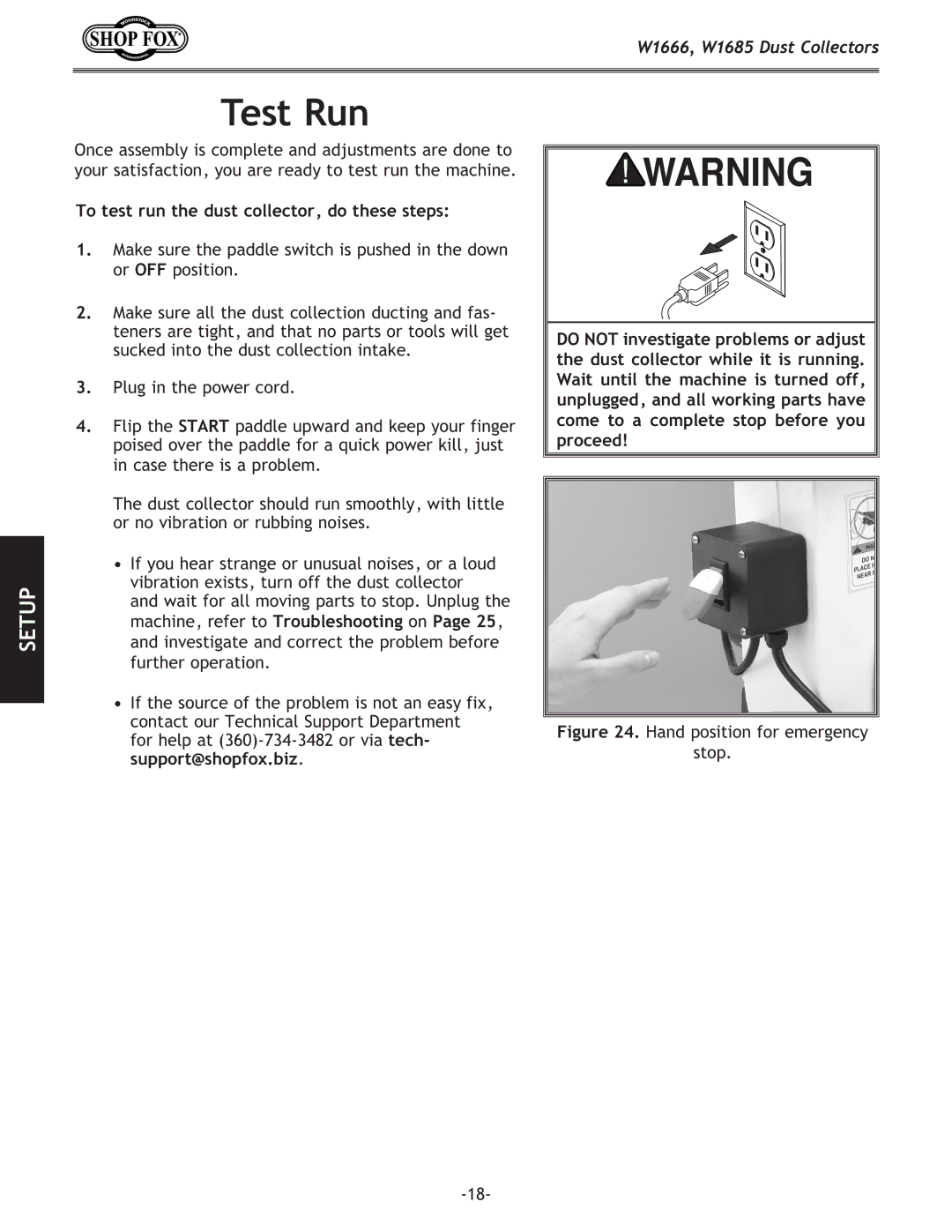 Woodstock DUST COLLECTORS, W1685, W1666 instruction manual Test Run, To test run the dust collector, do these steps 