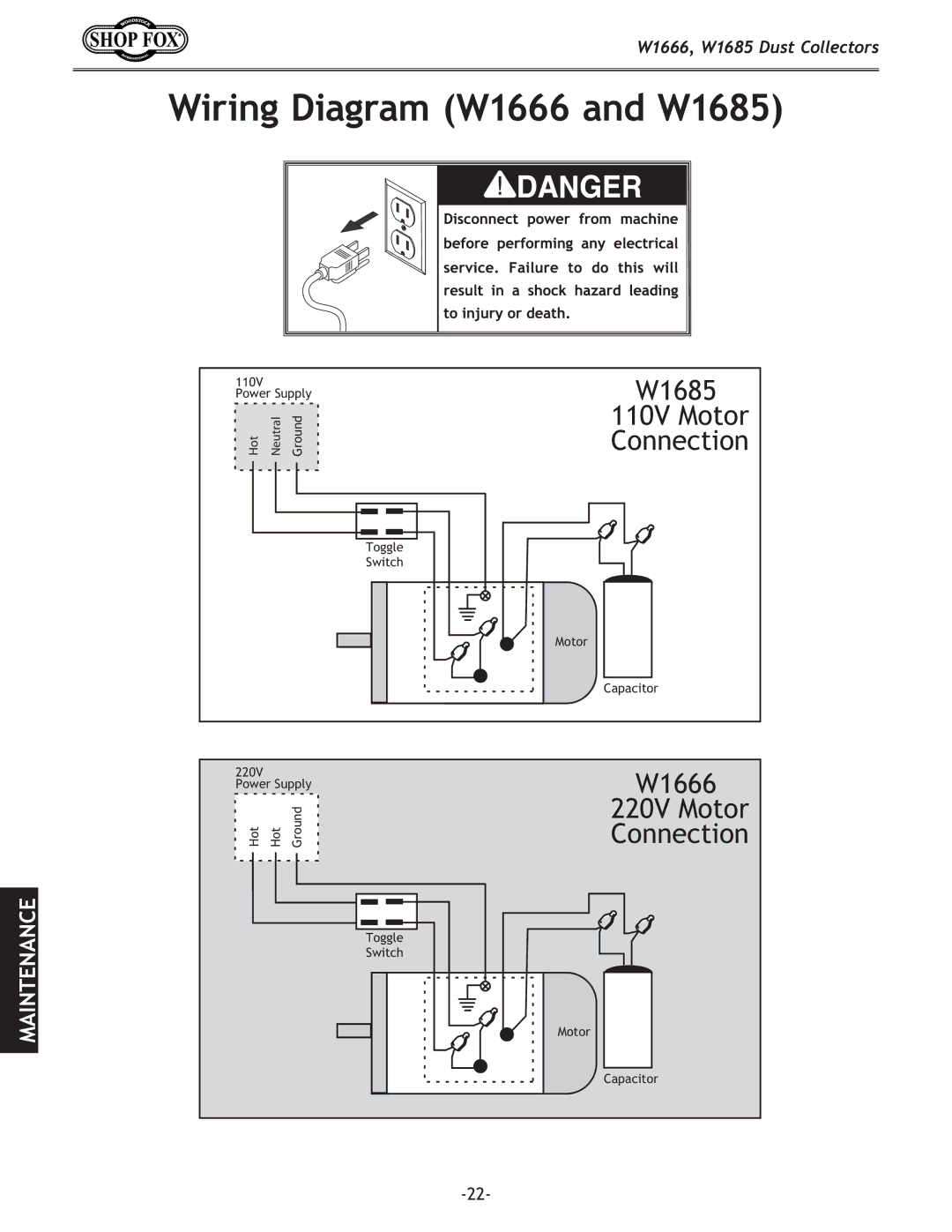 Woodstock DUST COLLECTORS instruction manual Wiring Diagram W1666 and W1685 