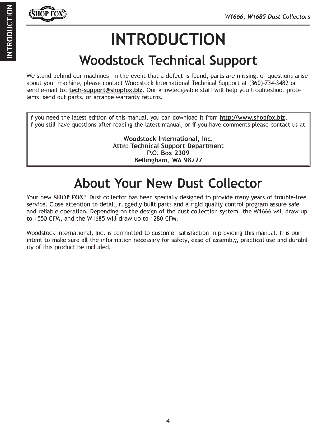 Woodstock W1685, DUST COLLECTORS, W1666 Introduction, Woodstock Technical Support, About Your New Dust Collector 