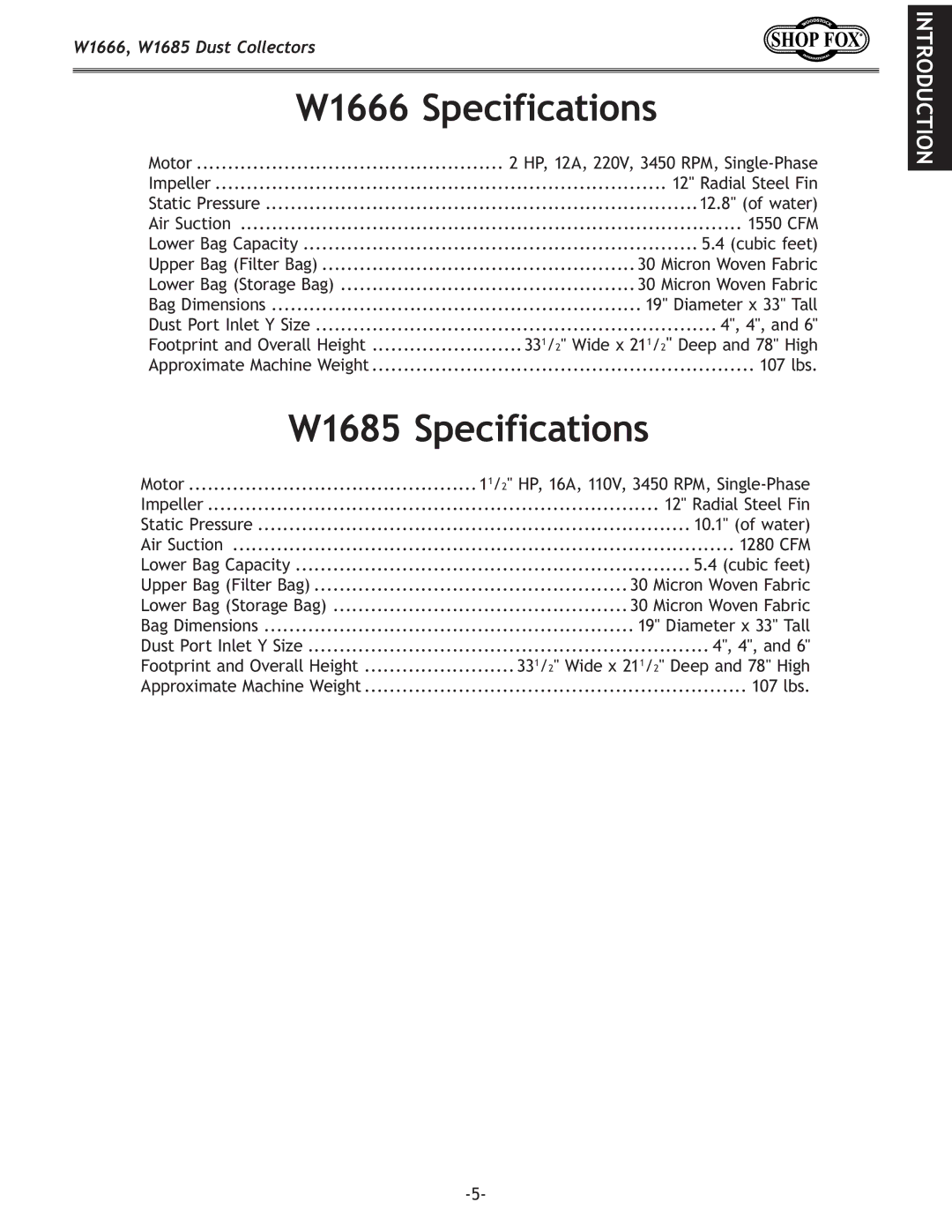 Woodstock DUST COLLECTORS instruction manual W1666 Specifications, W1685 Specifications 