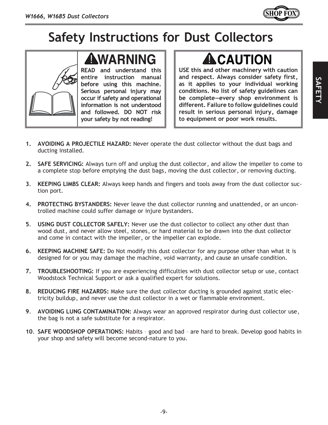 Woodstock DUST COLLECTORS, W1685, W1666 instruction manual Safety Instructions for Dust Collectors 