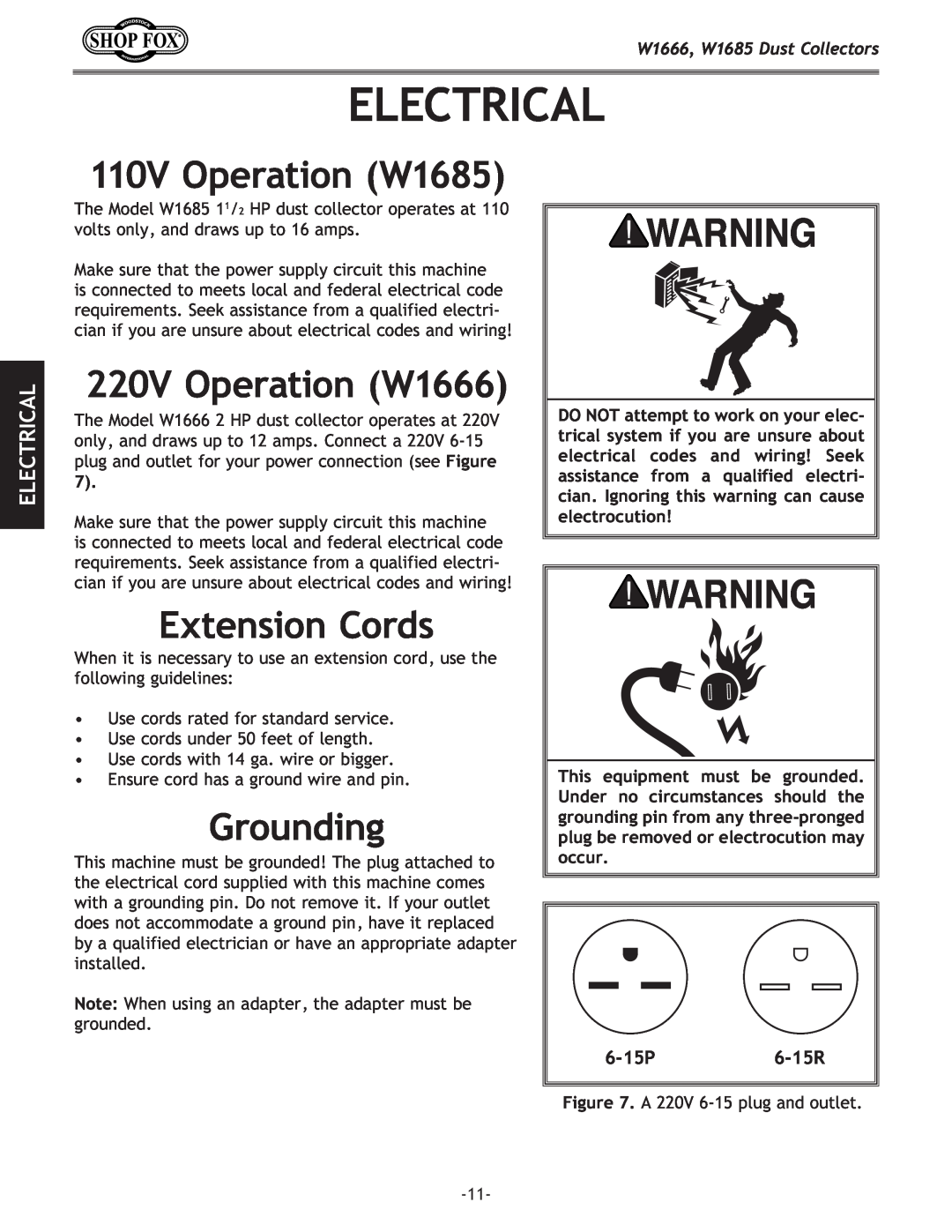 Woodstock Electrical, 110V Operation W1685, 220V Operation W1666, Extension Cords, Grounding, 6-15P6-15R 
