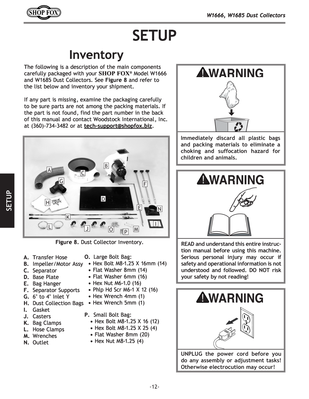 Woodstock DUST COLLECTORS instruction manual Setup, Inventory, W1666, W1685 Dust Collectors 